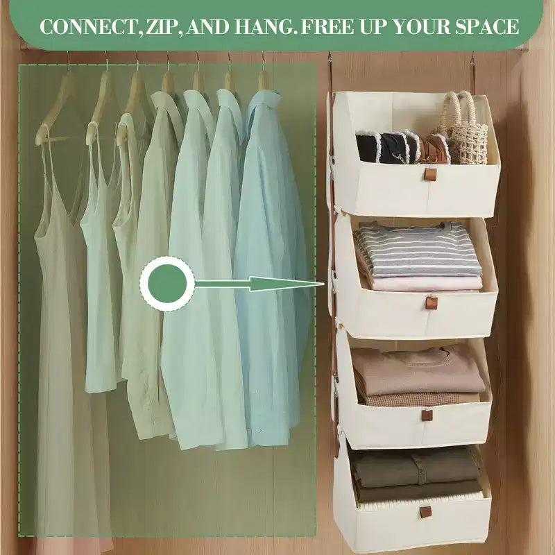 4-Tier Hanging Closet Organizer, Non-Woven Fabric, Detachable Modular Design with Hooks, for Wardrobe Dorm RV, Space-Saving Home Organizer