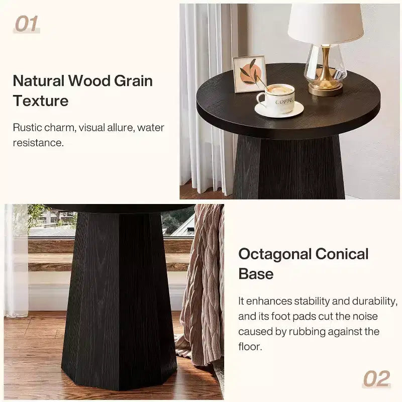 Lantine Round Pedestal End Table, Farmhouse Couch Side Table with Octagonal Base, Wooden Drink Stand Accent Nightstand(1, Black)