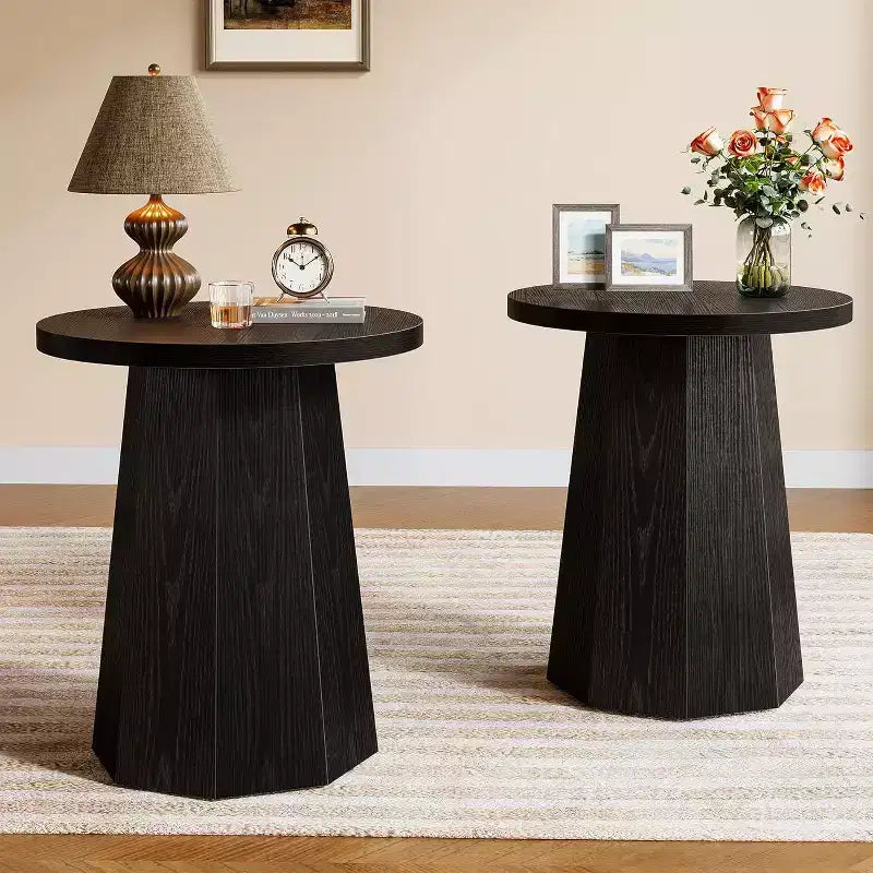 Lantine Round Pedestal End Table, Farmhouse Couch Side Table with Octagonal Base, Wooden Drink Stand Accent Nightstand(1, Black)