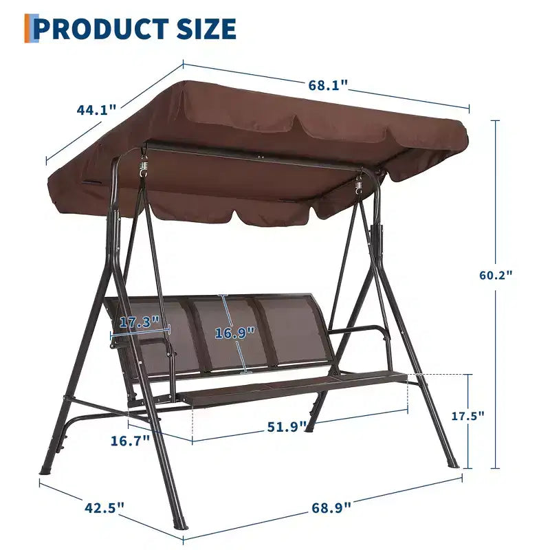 3-Seat Patio Swing Chair, Adjustable Canopy, Heavy-Duty Steel Frame, Waterproof & UV Resistant, 500 LBS Capacity, for Garden, Backyard, Lawn