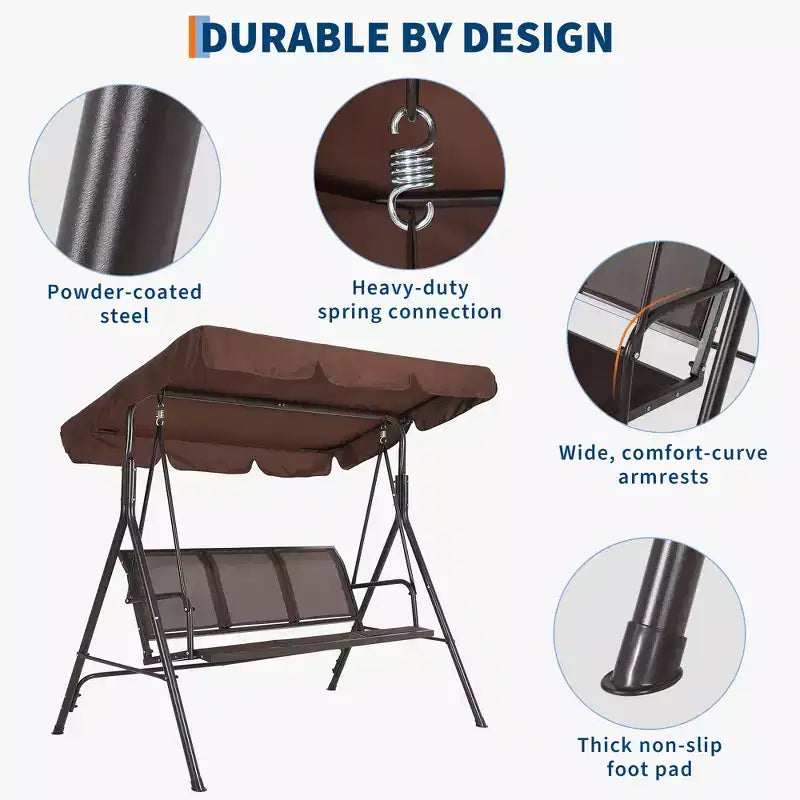 3-Seat Patio Swing Chair, Adjustable Canopy, Heavy-Duty Steel Frame, Waterproof & UV Resistant, 500 LBS Capacity, for Garden, Backyard, Lawn