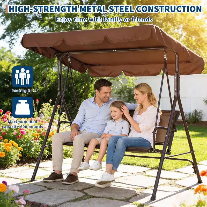 3-Seat Patio Swing Chair, Adjustable Canopy, Heavy-Duty Steel Frame, Waterproof & UV Resistant, 500 LBS Capacity, for Garden, Backyard, Lawn
