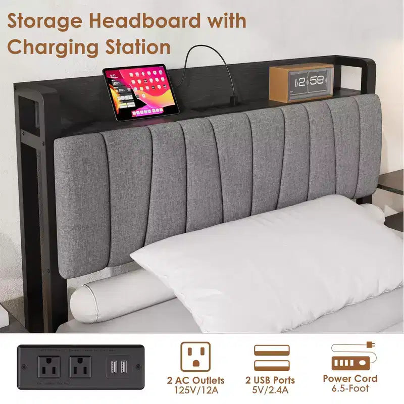 Twin Size Bed Frame with Storage Headboard, Black Industrial Platform Bed with Large Drawer & Charging Station, No Box Spring Needed