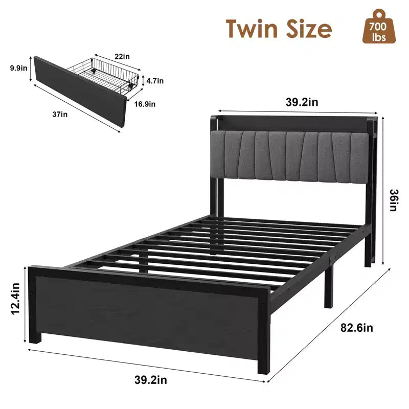 Twin Size Bed Frame with Storage Headboard, Black Industrial Platform Bed with Large Drawer & Charging Station, No Box Spring Needed