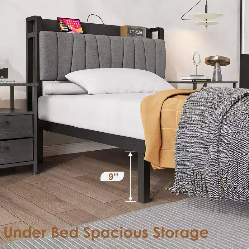Twin Size Bed Frame with Storage Headboard, Black Industrial Platform Bed with Large Drawer & Charging Station, No Box Spring Needed