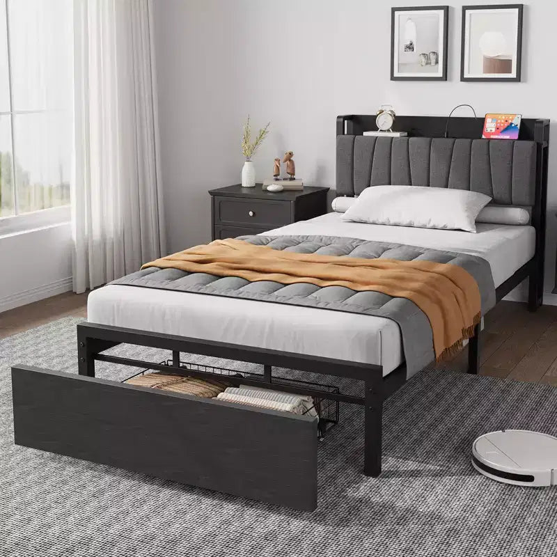Twin Size Bed Frame with Storage Headboard, Black Industrial Platform Bed with Large Drawer & Charging Station, No Box Spring Needed