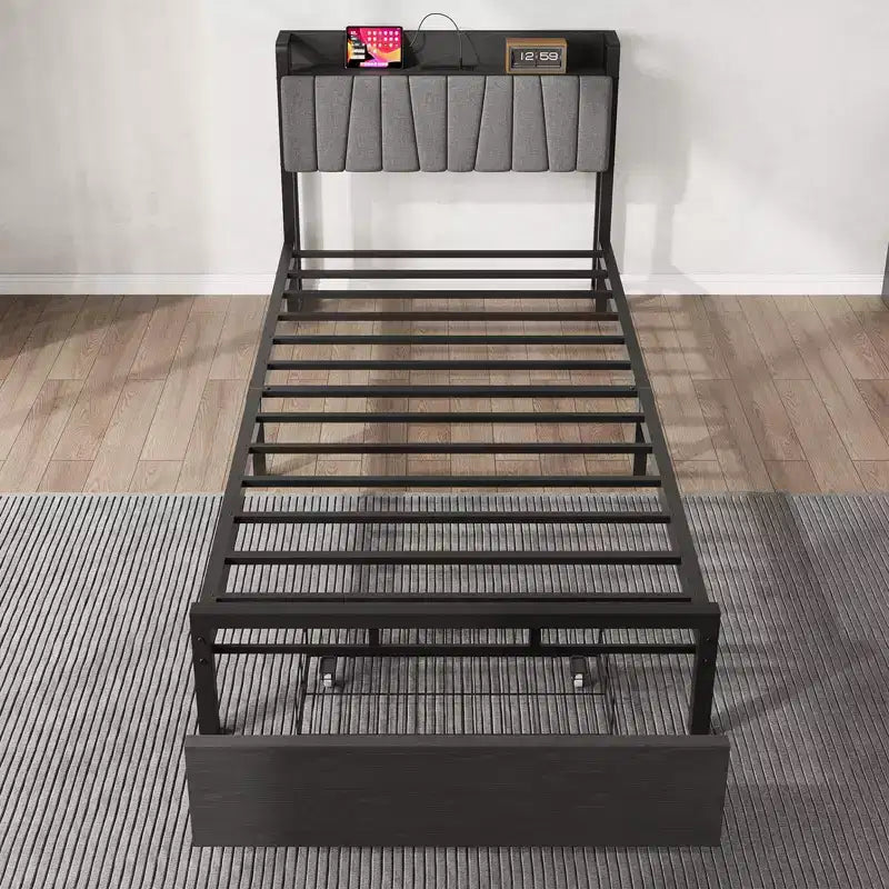 Twin Size Bed Frame with Storage Headboard, Black Industrial Platform Bed with Large Drawer & Charging Station, No Box Spring Needed