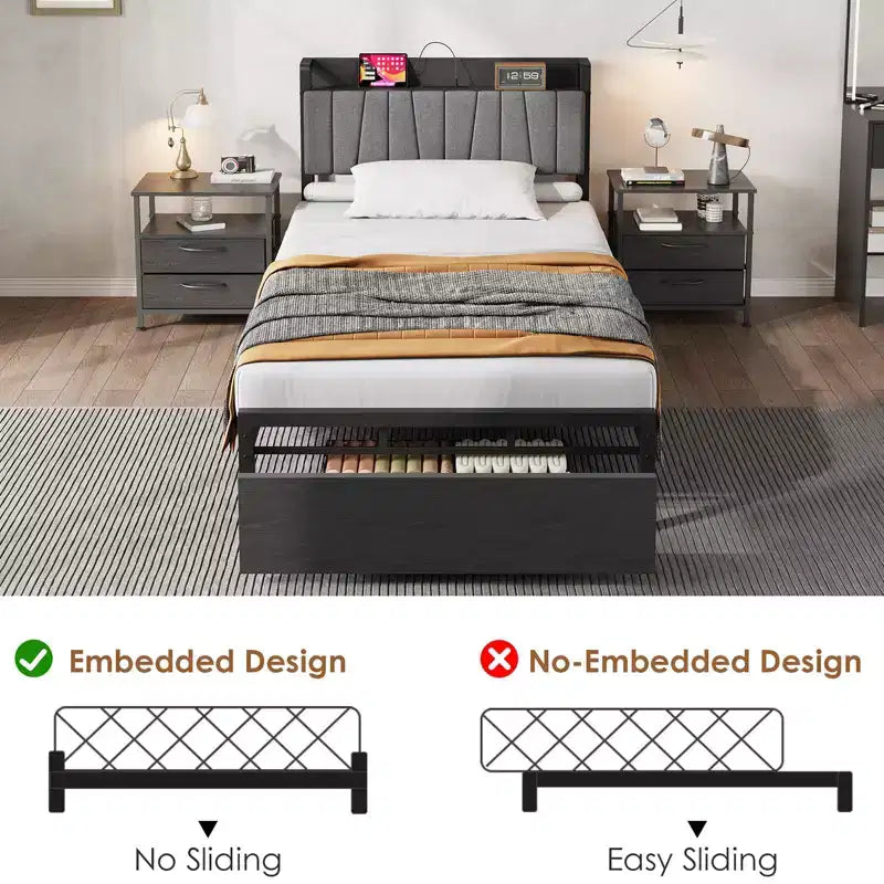 Twin Size Bed Frame with Storage Headboard, Black Industrial Platform Bed with Large Drawer & Charging Station, No Box Spring Needed
