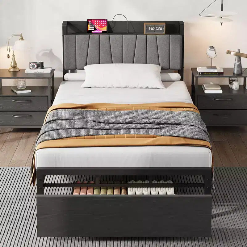 Twin Size Bed Frame with Storage Headboard, Black Industrial Platform Bed with Large Drawer & Charging Station, No Box Spring Needed
