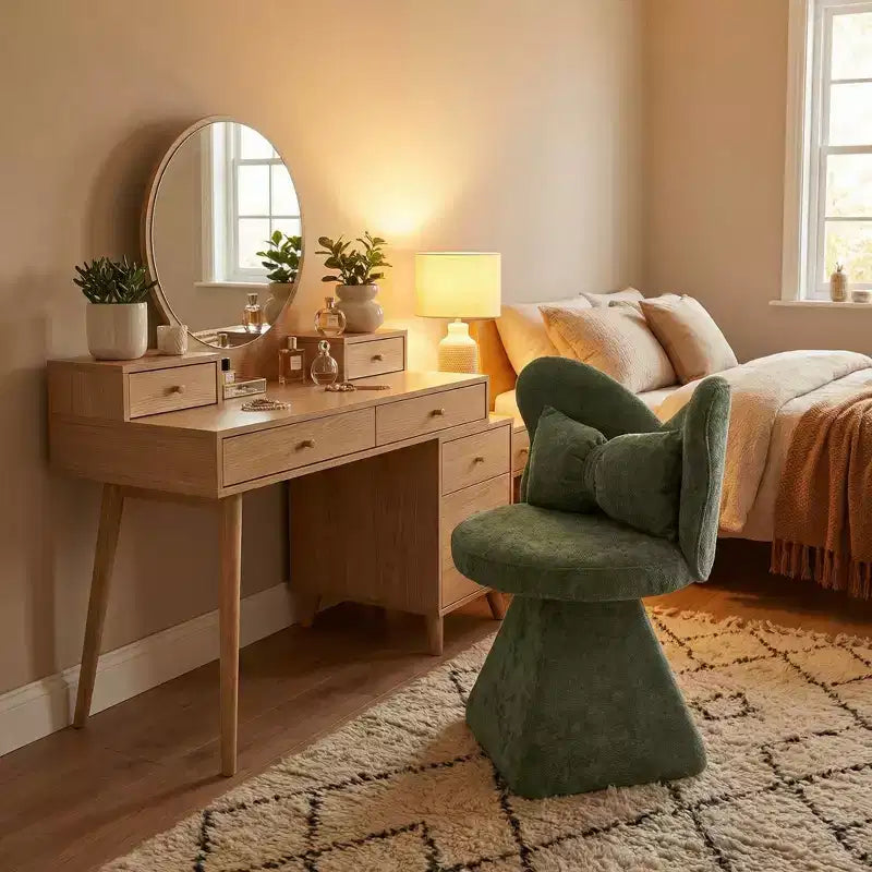 FurnitureR Upholstered Swivel Accent Chair with Pillow, Sculptural Vanity Chair with Curved Back for Bedroom, Living Room or Makeup Area