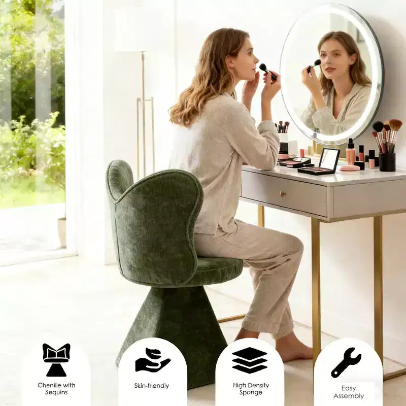 FurnitureR Upholstered Swivel Accent Chair with Pillow, Sculptural Vanity Chair with Curved Back for Bedroom, Living Room or Makeup Area