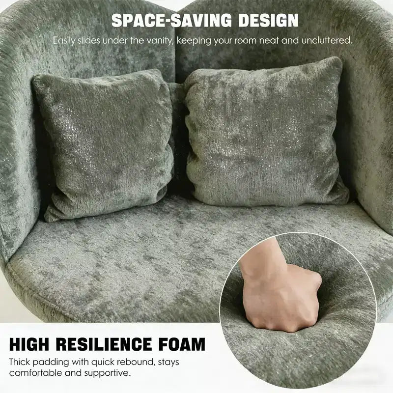 FurnitureR Upholstered Swivel Accent Chair with Pillow, Sculptural Vanity Chair with Curved Back for Bedroom, Living Room or Makeup Area