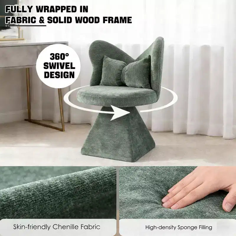 FurnitureR Upholstered Swivel Accent Chair with Pillow, Sculptural Vanity Chair with Curved Back for Bedroom, Living Room or Makeup Area