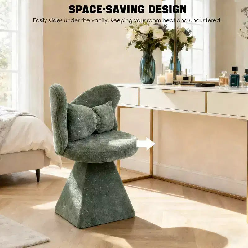 FurnitureR Upholstered Swivel Accent Chair with Pillow, Sculptural Vanity Chair with Curved Back for Bedroom, Living Room or Makeup Area