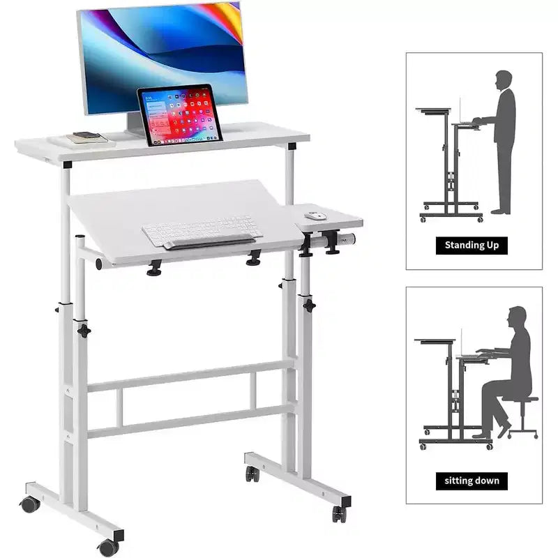 COZONY Height-Adjustable Standing Desk with Wheels, Mobile Sit-Stand Laptop Table with Tilting Top