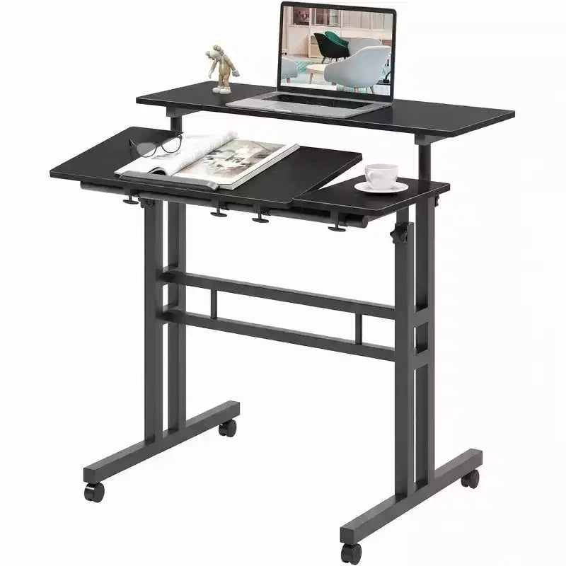 COZONY Height-Adjustable Standing Desk with Wheels, Mobile Sit-Stand Laptop Table with Tilting Top
