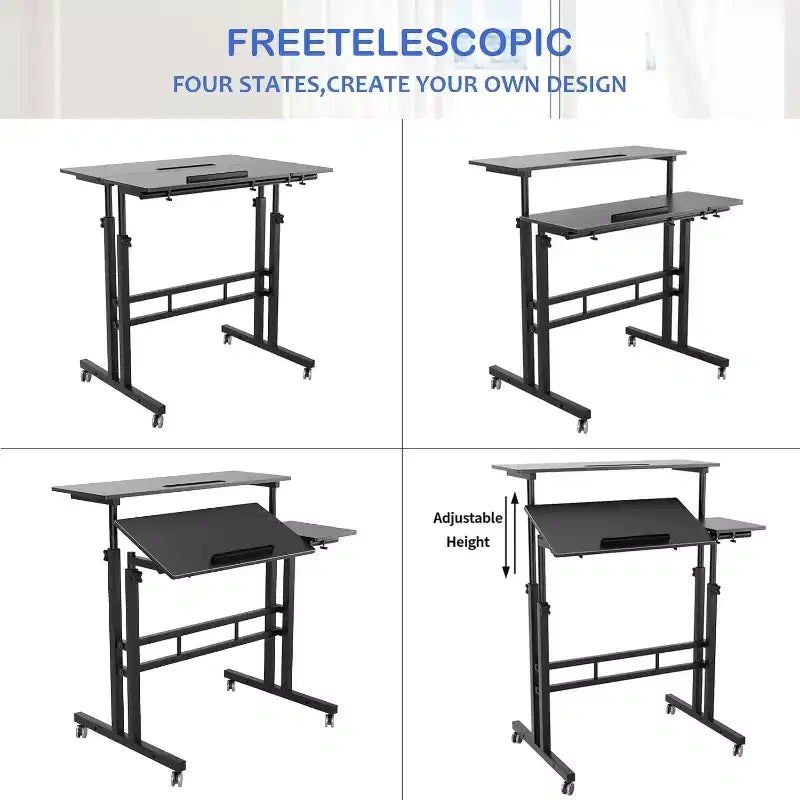 COZONY Height-Adjustable Standing Desk with Wheels, Mobile Sit-Stand Laptop Table with Tilting Top