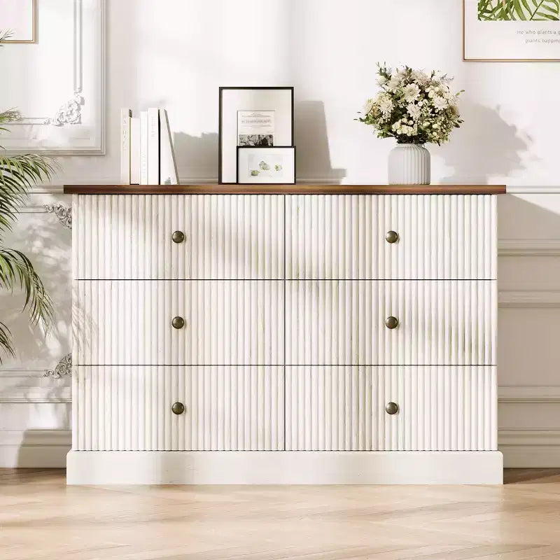 6 Drawer Dresser for Bedroom  Horizontal Chest with Fluted Panel Design, Small Space Storage for Clothing  White/Brown