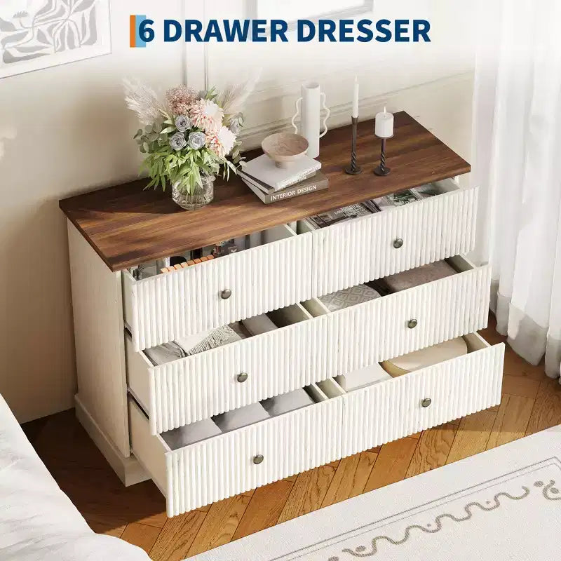 6 Drawer Dresser for Bedroom  Horizontal Chest with Fluted Panel Design, Small Space Storage for Clothing  White/Brown