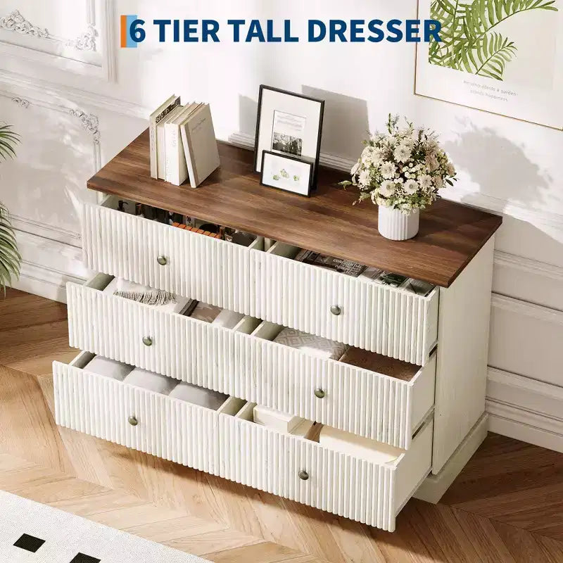 6 Drawer Dresser for Bedroom  Horizontal Chest with Fluted Panel Design, Small Space Storage for Clothing  White/Brown