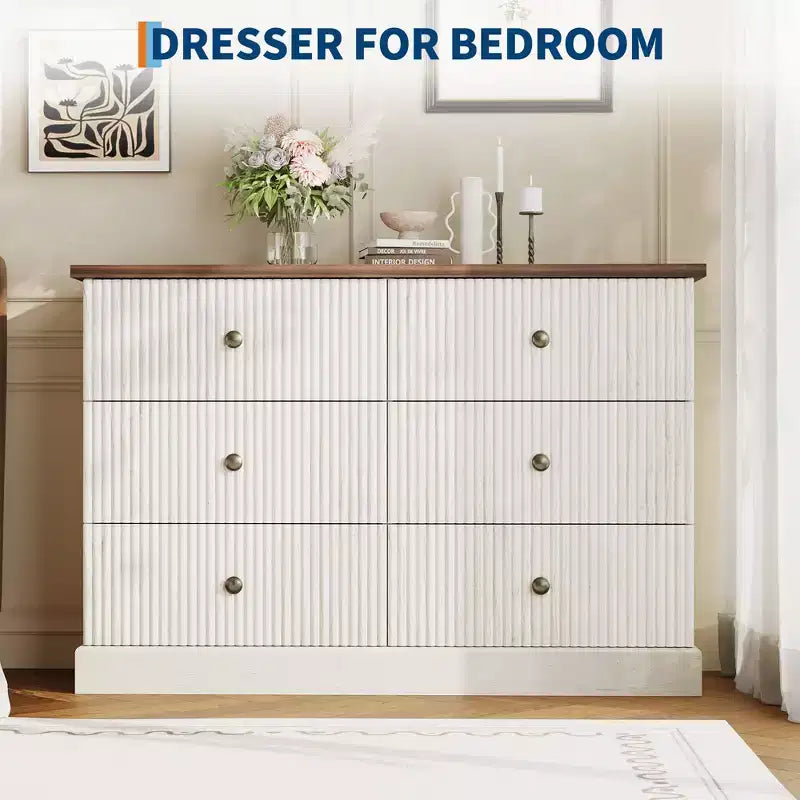 6 Drawer Dresser for Bedroom  Horizontal Chest with Fluted Panel Design, Small Space Storage for Clothing  White/Brown