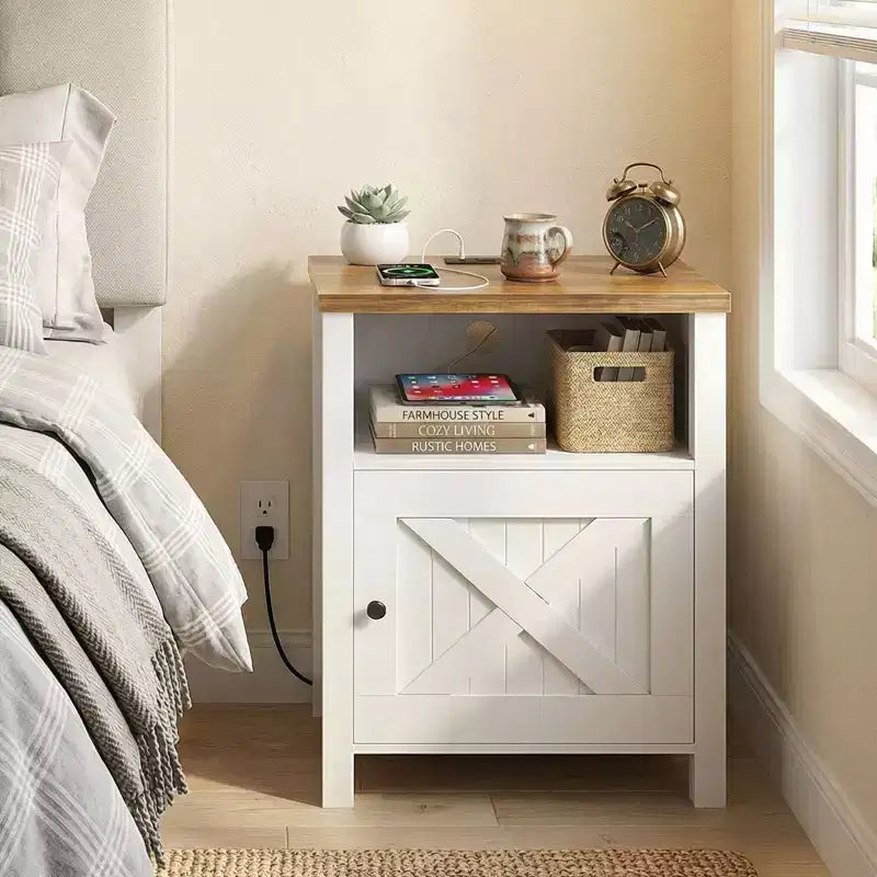 Rustic-Style Storage Nightstand with Built-in USB Port and Power Outlet; Features open shelving and closed cabinets, Bedside table with storage