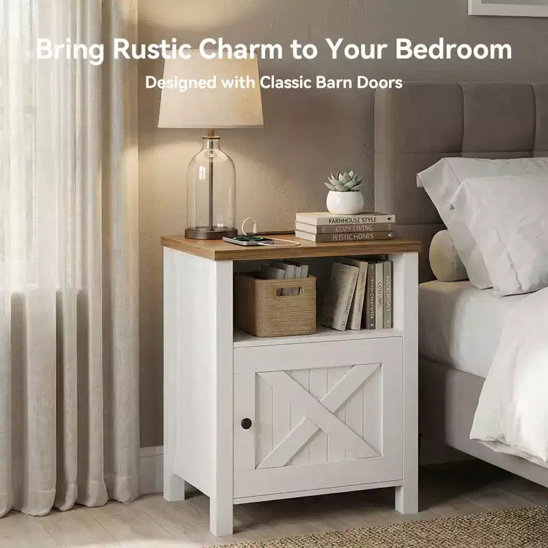 Rustic-Style Storage Nightstand with Built-in USB Port and Power Outlet; Features open shelving and closed cabinets, Bedside table with storage