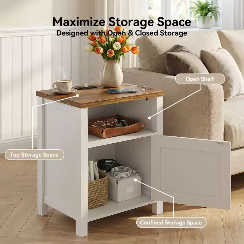 Rustic-Style Storage Nightstand with Built-in USB Port and Power Outlet; Features open shelving and closed cabinets, Bedside table with storage