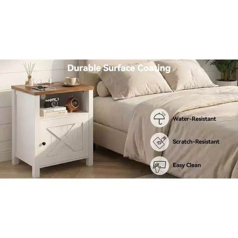 Rustic-Style Storage Nightstand with Built-in USB Port and Power Outlet; Features open shelving and closed cabinets, Bedside table with storage