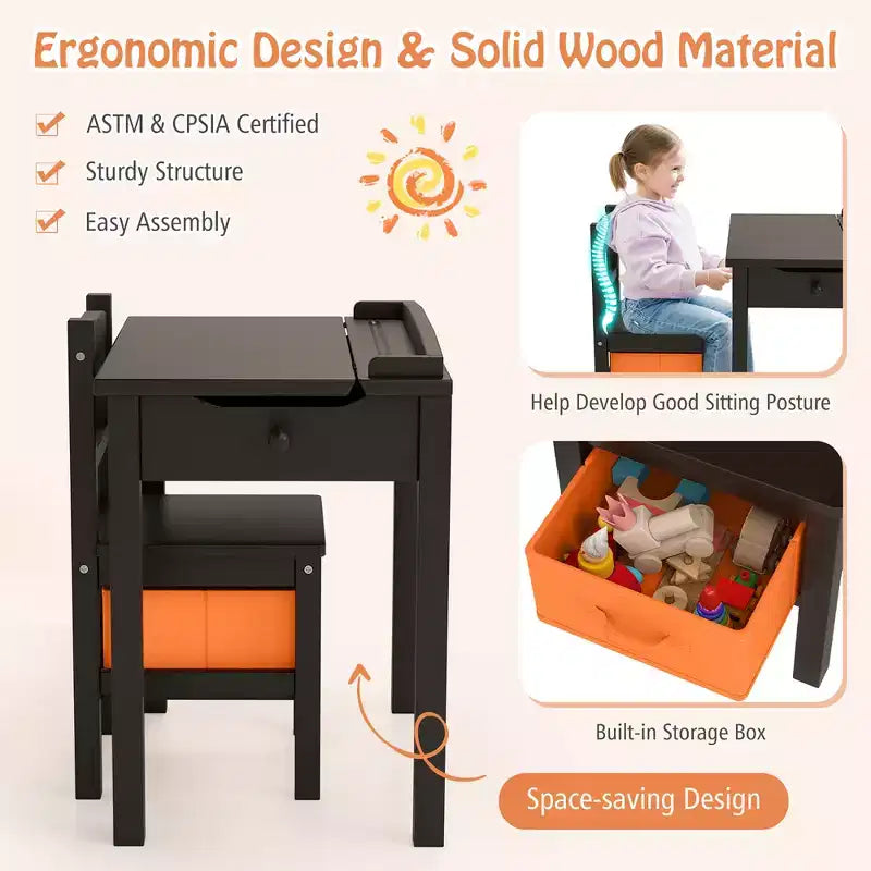 Costway Kids Table and Chair Set Wood Activity Study Desk w/ Storage Drawer Hook Brown