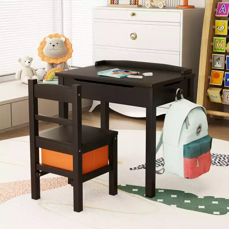 Costway Kids Table and Chair Set Wood Activity Study Desk w/ Storage Drawer Hook Brown
