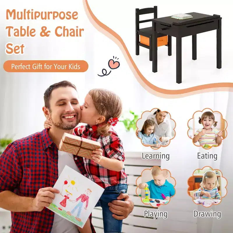 Costway Kids Table and Chair Set Wood Activity Study Desk w/ Storage Drawer Hook Brown