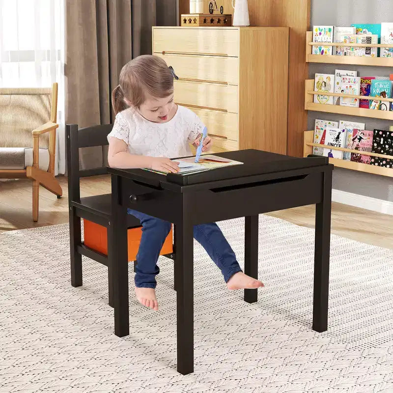 Costway Kids Table and Chair Set Wood Activity Study Desk w/ Storage Drawer Hook Brown