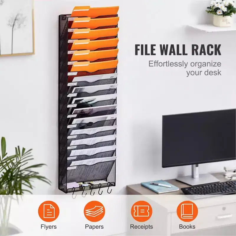 16-Pocket Mesh Wall Mounted File Organizer for Office and Home - Metal Document Rack