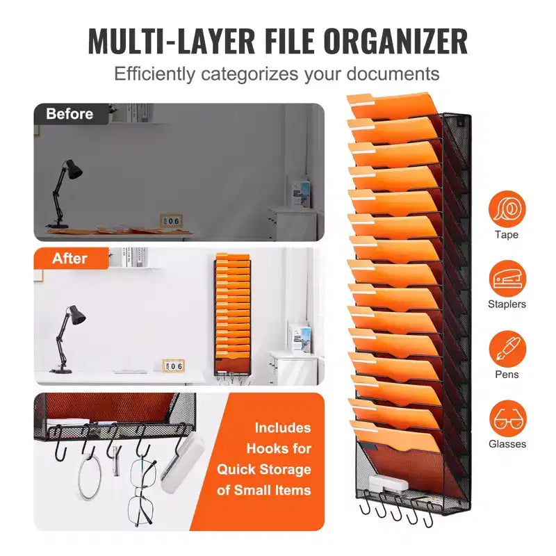 16-Pocket Mesh Wall Mounted File Organizer for Office and Home - Metal Document Rack
