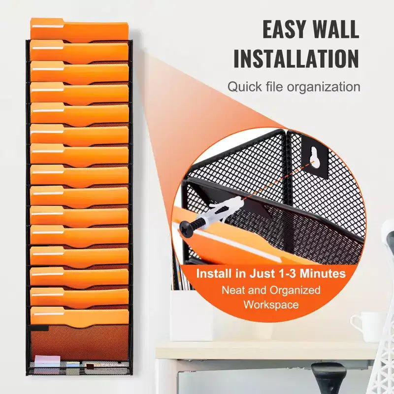 16-Pocket Mesh Wall Mounted File Organizer for Office and Home - Metal Document Rack