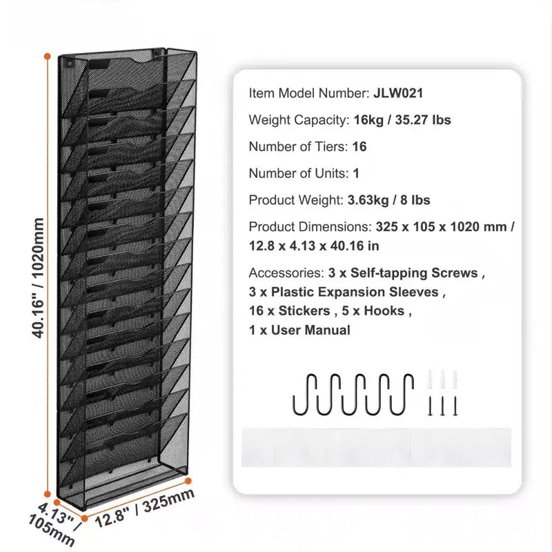 16-Pocket Mesh Wall Mounted File Organizer for Office and Home - Metal Document Rack