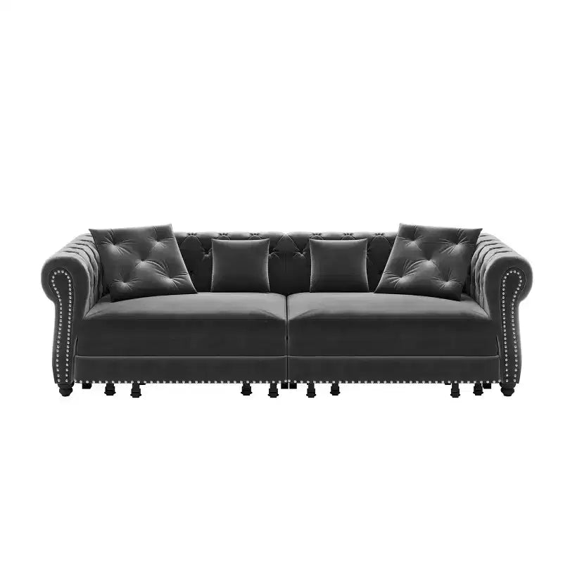 Chesterfield 3-in-1 Pull-Out Sofa Bed, King Size Convertible Sleeper Sofa with Chaise & Movable Ottoman, Velvet Tufted 3-Seater Couch, Charcoal Gray