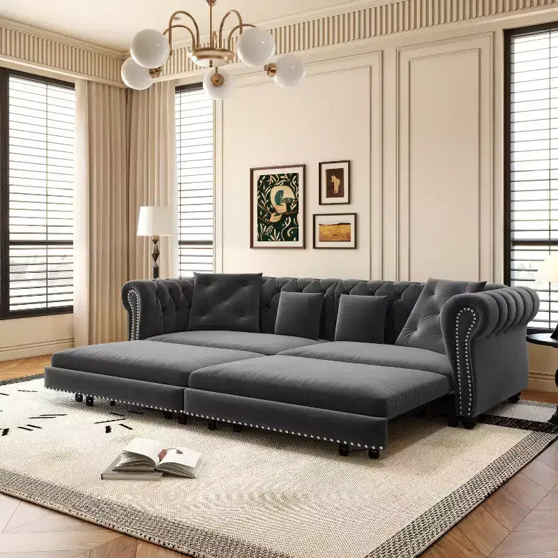 Chesterfield 3-in-1 Pull-Out Sofa Bed, King Size Convertible Sleeper Sofa with Chaise & Movable Ottoman, Velvet Tufted 3-Seater Couch, Charcoal Gray