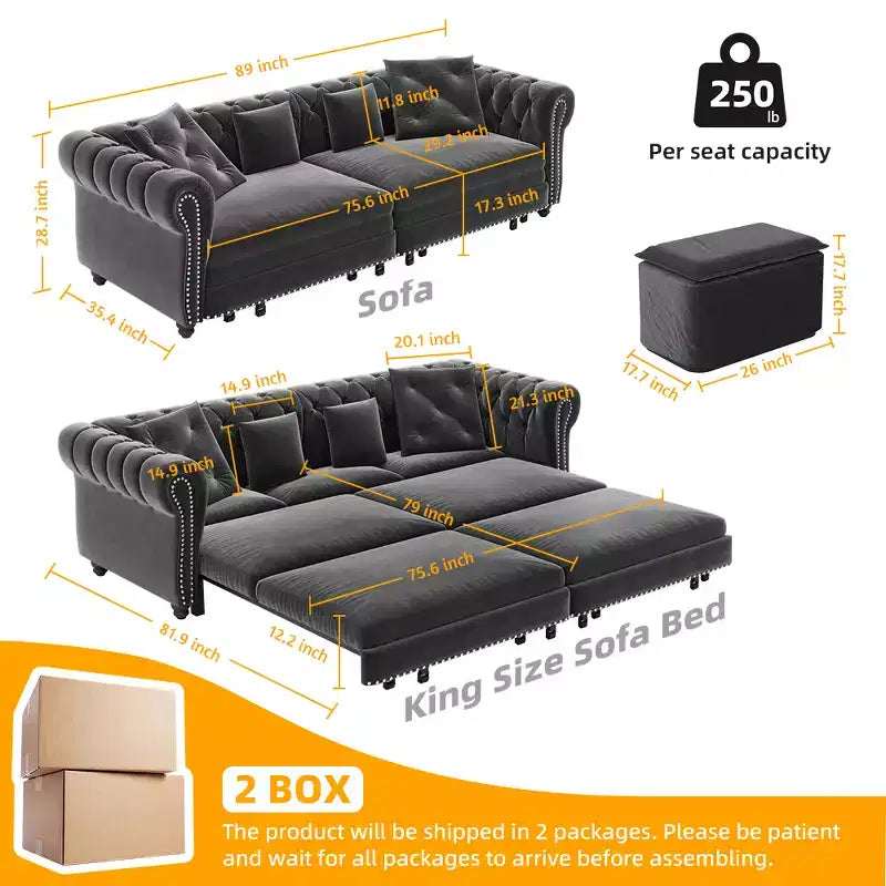 Chesterfield 3-in-1 Pull-Out Sofa Bed, King Size Convertible Sleeper Sofa with Chaise & Movable Ottoman, Velvet Tufted 3-Seater Couch, Charcoal Gray