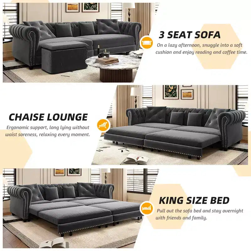 Chesterfield 3-in-1 Pull-Out Sofa Bed, King Size Convertible Sleeper Sofa with Chaise & Movable Ottoman, Velvet Tufted 3-Seater Couch, Charcoal Gray