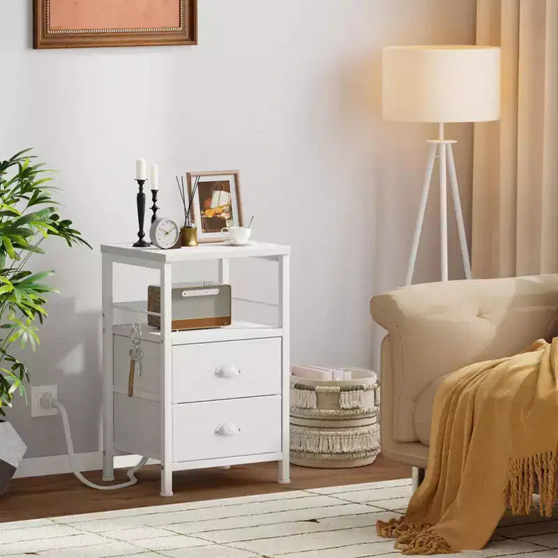Set of 2 Nightstands with Charging Station and USB Ports Modern Bedside Side Tables with 2 Fabric Drawers and Storage Shelves End Tables Bedroom White