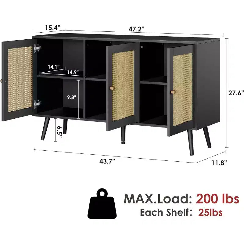 47.2 Rattan Sideboard Buffet Cabinet with 3 Doors,Boho Sideboard Buffet Cabinet with Adjustable Shelves, Console Table for Living Room, Dining Room