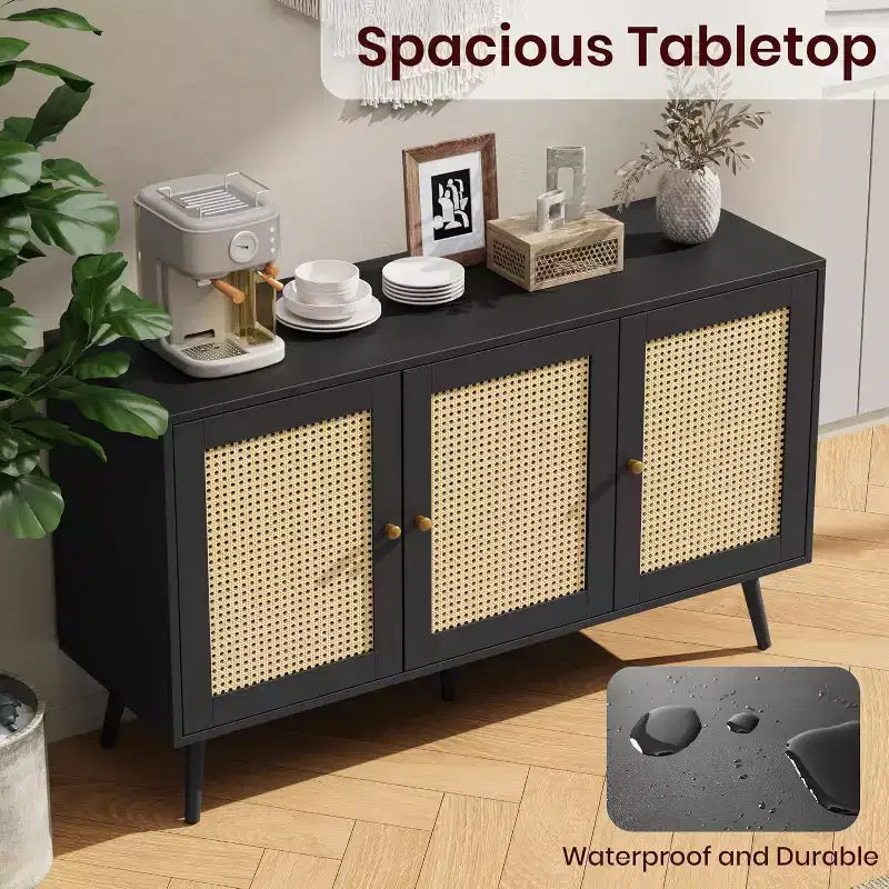 47.2 Rattan Sideboard Buffet Cabinet with 3 Doors,Boho Sideboard Buffet Cabinet with Adjustable Shelves, Console Table for Living Room, Dining Room