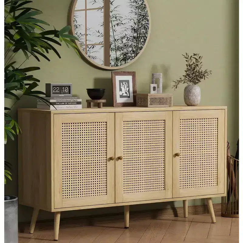47.2 Rattan Sideboard Buffet Cabinet with 3 Doors,Boho Sideboard Buffet Cabinet with Adjustable Shelves, Console Table for Living Room, Dining Room