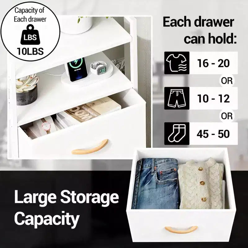 Modern Tall Bedside table with LED Lights - 4 Fabric Drawers, Top Shelf, Steel Frame, Narrow Cabinet for Bedroom, Dorm, Hallway Sofa Side Table