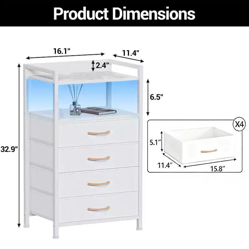 Modern Tall Bedside table with LED Lights - 4 Fabric Drawers, Top Shelf, Steel Frame, Narrow Cabinet for Bedroom, Dorm, Hallway Sofa Side Table