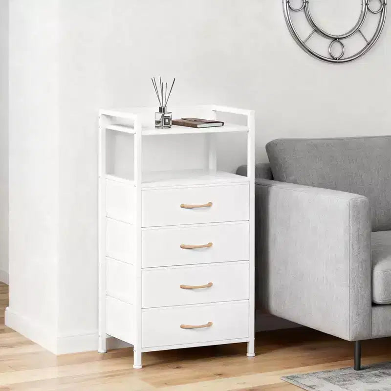 Modern Tall Bedside table with LED Lights - 4 Fabric Drawers, Top Shelf, Steel Frame, Narrow Cabinet for Bedroom, Dorm, Hallway Sofa Side Table