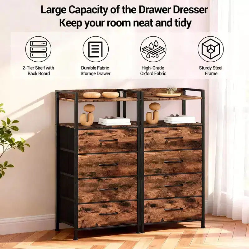 Modern Tall Bedside table with LED Lights - 4 Fabric Drawers, Top Shelf, Steel Frame, Narrow Cabinet for Bedroom, Dorm, Hallway Sofa Side Table