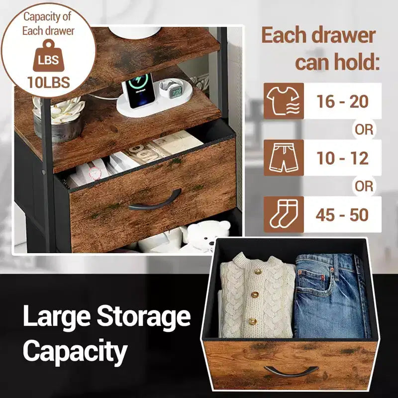 Modern Tall Bedside table with LED Lights - 4 Fabric Drawers, Top Shelf, Steel Frame, Narrow Cabinet for Bedroom, Dorm, Hallway Sofa Side Table